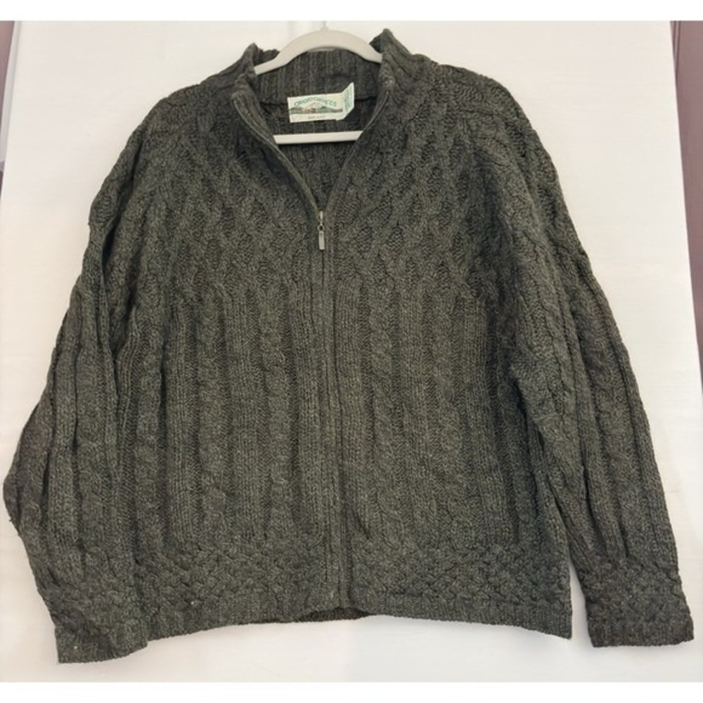 Arancraft Men Green Cardigan sweater zip up 100% Merino‎ Wool Outdoors Large